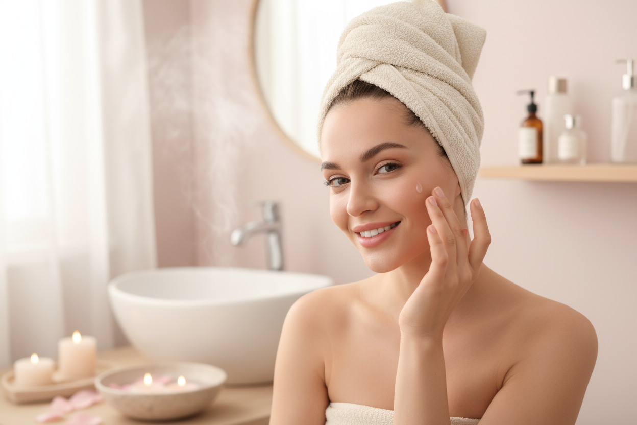 Frau mit Handtuch im Haar die lächelt und sich ein serum aufträgt, weiche pastelltöne warmes licht