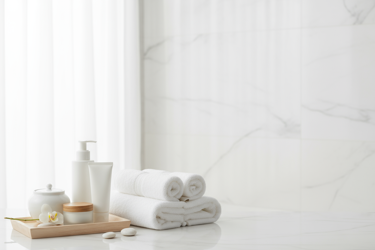 spa erlebnis ruhiges bild mit handtüchern,kosmetic in weißen farben damit ich schwarze schrift leserlich ist