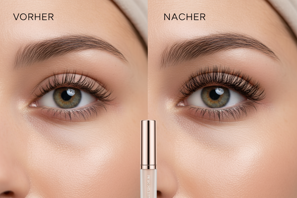 vorher nacher darstellung von wimperserum an frau mit kurzen wipern und nachher mit langen wimpern